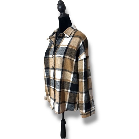 Unbranded Women's Long Sleeve Button Down Tan/Black/White Loose Flannel Shirt - Picture 3 of 15